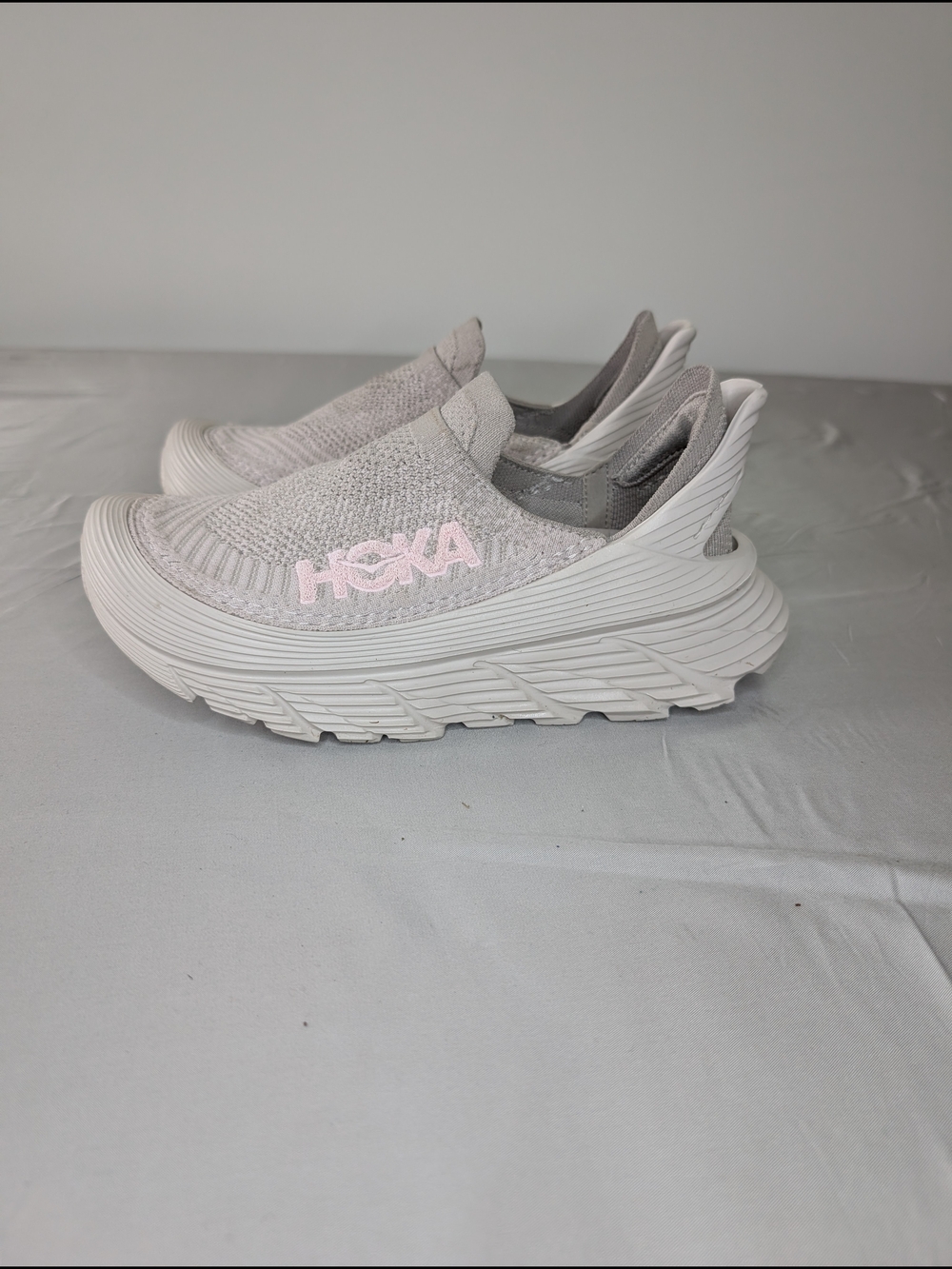 Hoka Slip-On Running Shoe in Light Gray with Pink Logo